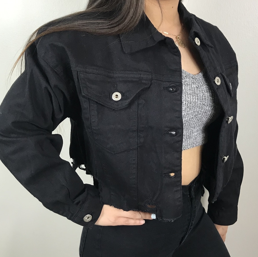Black distressed denim jacket